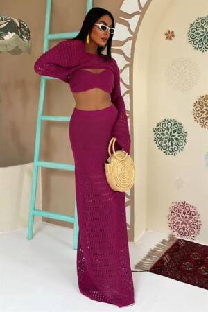 Openwork Triple Set With Bustier And Bolero - Plum - Sobe Istanbul - Globality Store - Women Clothes Wholesale Turkey