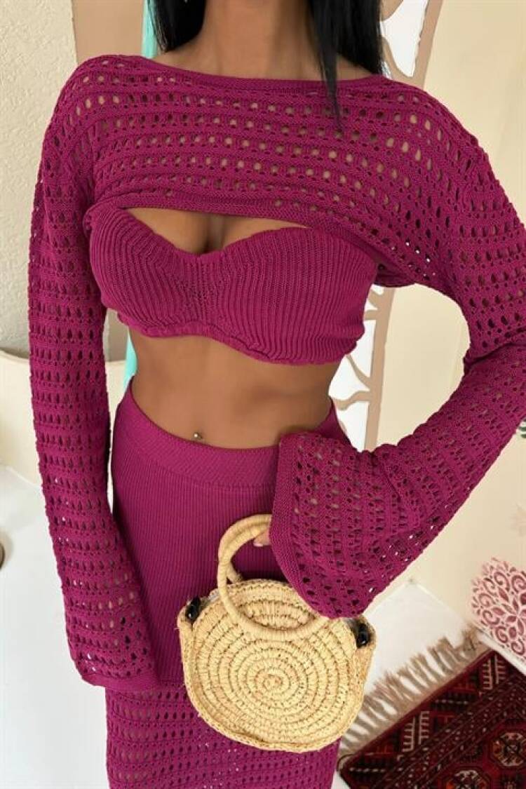 Openwork Triple Set With Bustier And Bolero - Plum
