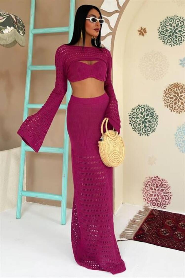 Openwork Triple Set With Bustier And Bolero - Plum