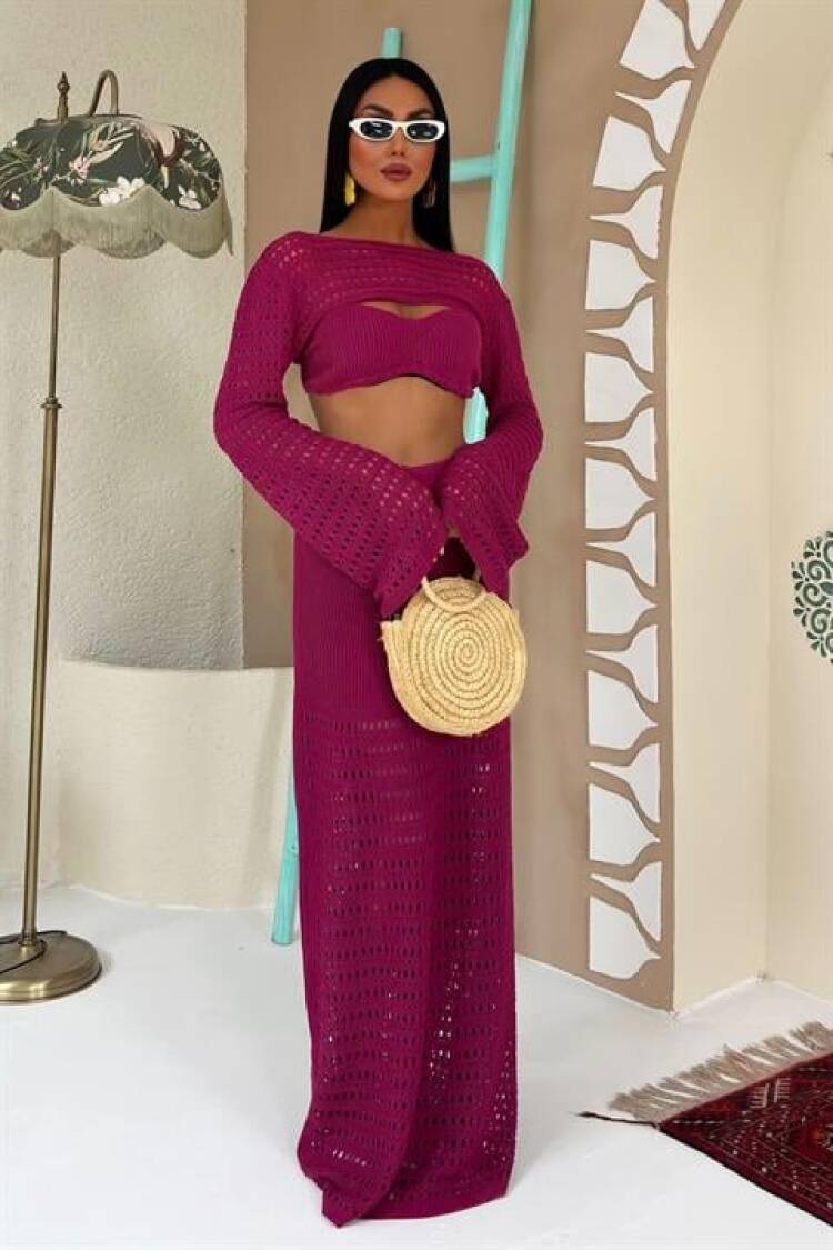 Openwork Triple Set With Bustier And Bolero - Plum