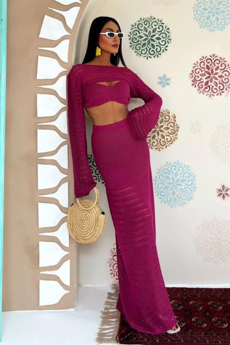 Openwork Triple Set With Bustier And Bolero - Plum - Sobe Istanbul - Globality Store - Women Clothes Wholesale Turkey