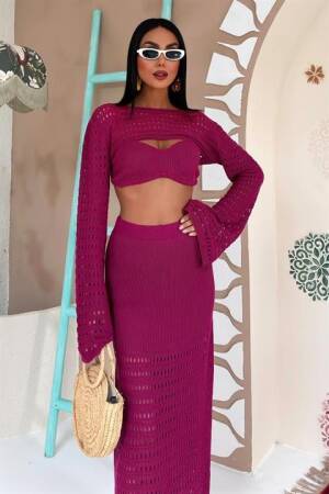 Openwork Triple Set With Bustier And Bolero - Plum - Sobe Istanbul - Globality Store - Women Clothes Wholesale Turkey