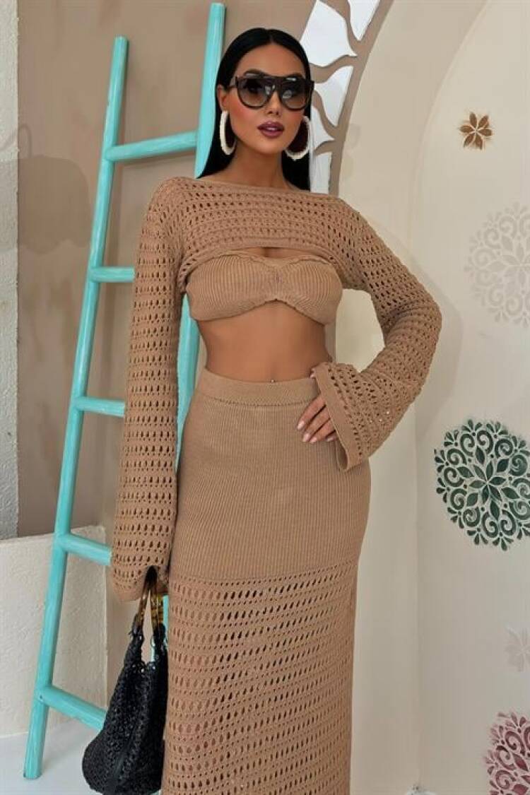 Openwork Triple Set With Bustier And Bolero - Mocha