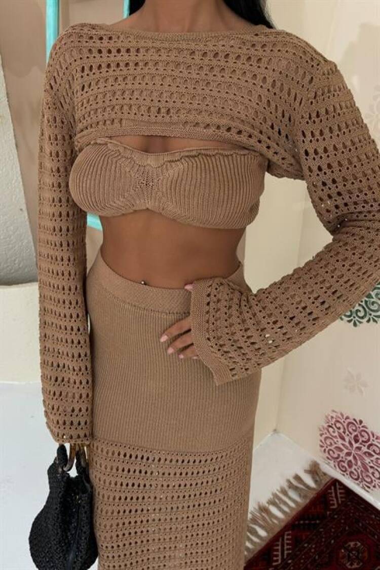 Openwork Triple Set With Bustier And Bolero - Mocha