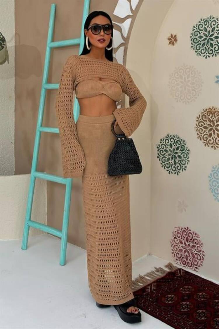 Openwork Triple Set With Bustier And Bolero - Mocha