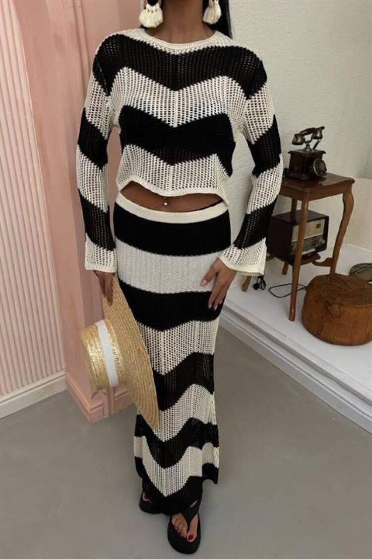 Stripe Detailed Spanish Sleeve Openwork Suit - Multicolor