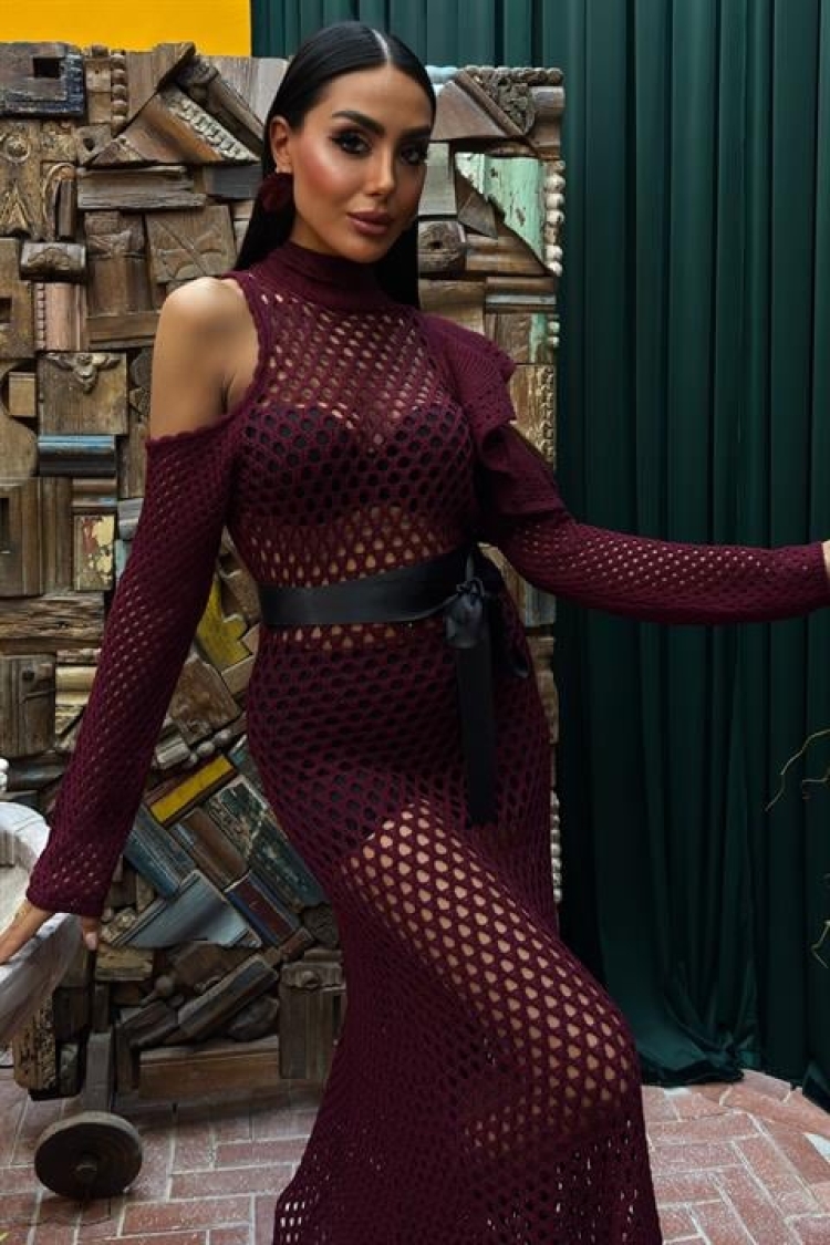 Satin Belt Openwork Knitwear Dress
