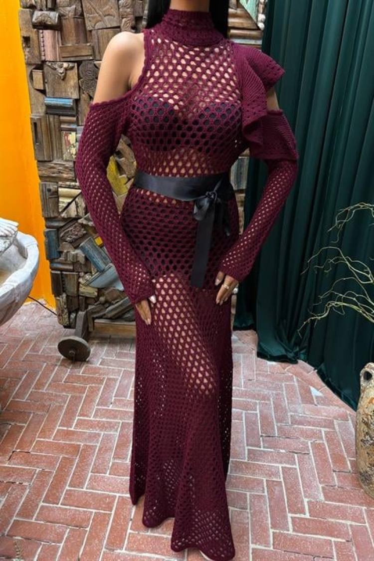 Satin Belt Openwork Knitwear Dress