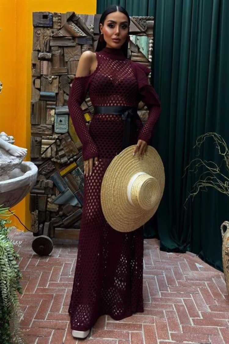 Satin Belt Openwork Knitwear Dress