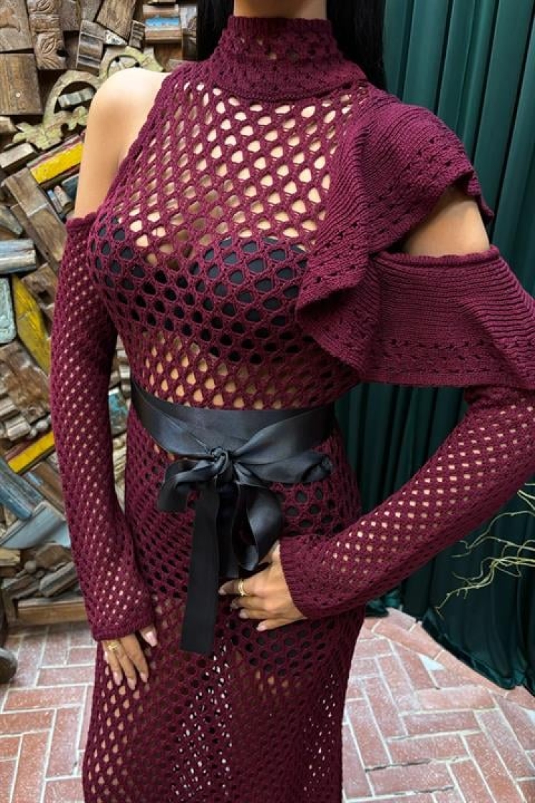 Satin Belt Openwork Knitwear Dress