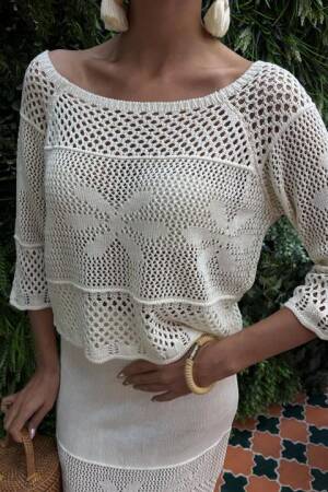 Boat Neck Half Sleeve Openwork Knitwear Set - Sobe Istanbul - Globality Store - Women Clothes Wholesale Turkey