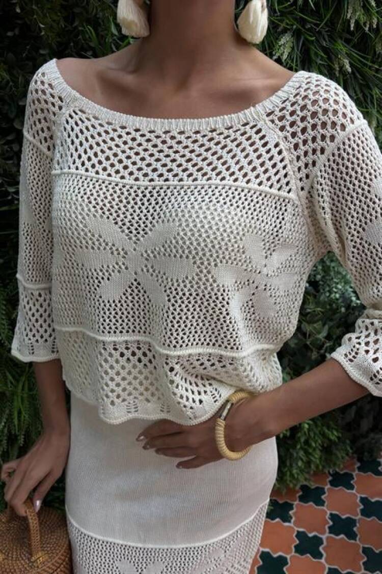 Boat Neck Half Sleeve Openwork Knitwear Set
