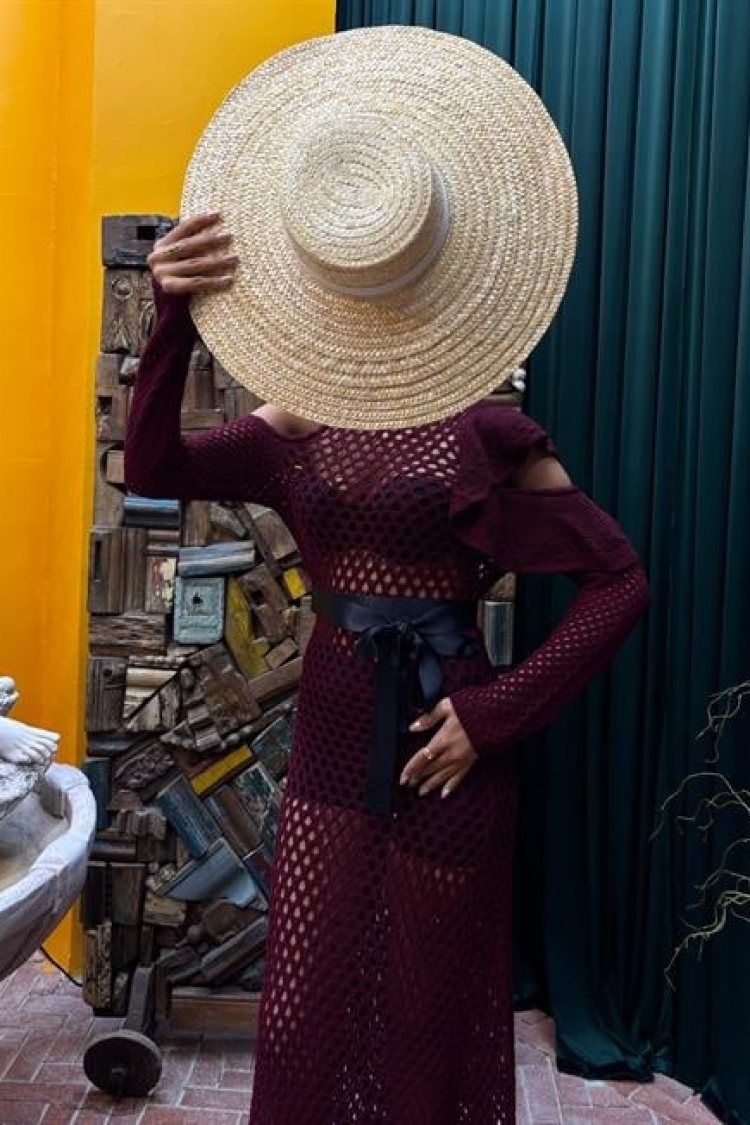 Satin Belt Openwork Knitwear Dress