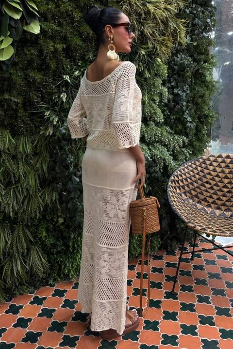Boat Neck Half Sleeve Openwork Knitwear Set