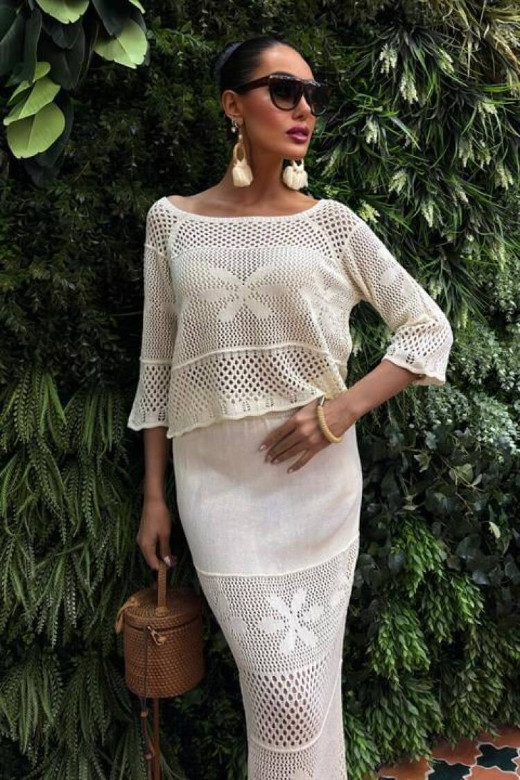 Boat Neck Half Sleeve Openwork Knitwear Set