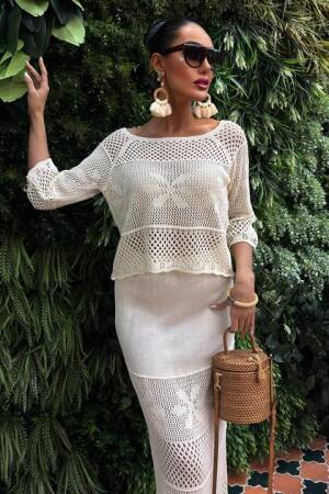 Boat Neck Half Sleeve Openwork Knitwear Set - Sobe Istanbul - Globality Store - Women Clothes Wholesale Turkey