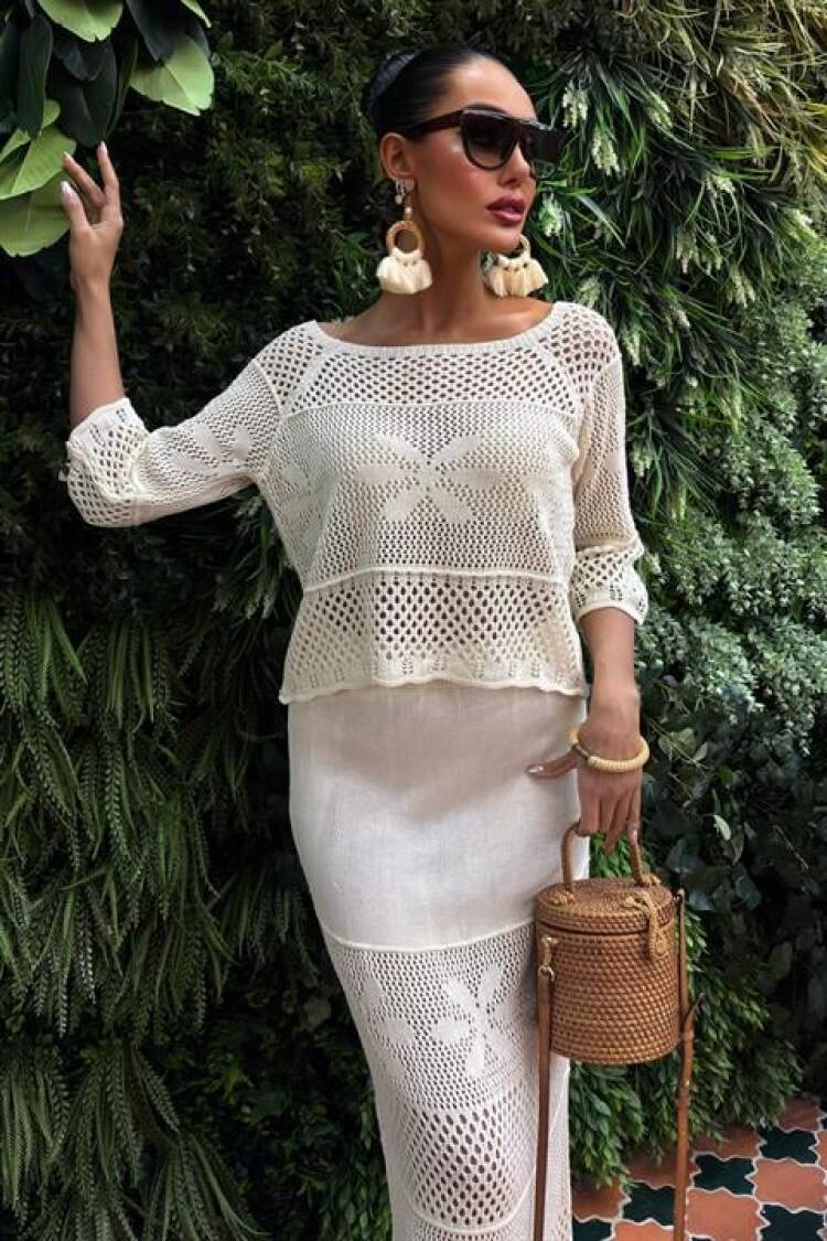 Boat Neck Half Sleeve Openwork Knitwear Set