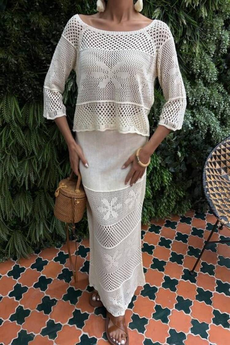 Boat Neck Half Sleeve Openwork Knitwear Set