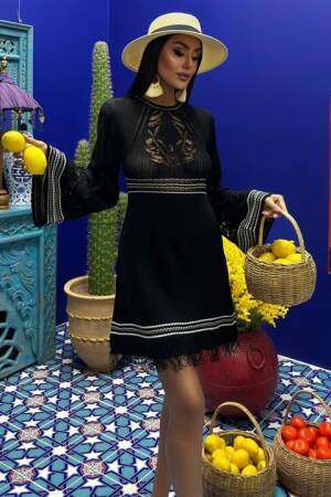 Tie Up Spanish Sleeve Knitwear Dress With Back Neckline - Sobe Istanbul - Globality Store - Women Clothes Wholesale Turkey