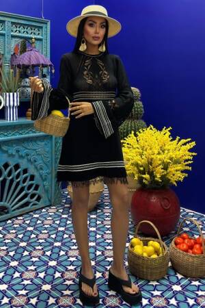 Tie Up Spanish Sleeve Knitwear Dress With Back Neckline - Sobe Istanbul - Globality Store - Women Clothes Wholesale Turkey
