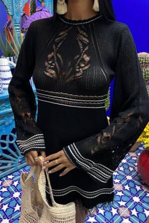 Tie Up Spanish Sleeve Knitwear Dress With Back Neckline - Sobe Istanbul - Globality Store - Women Clothes Wholesale Turkey
