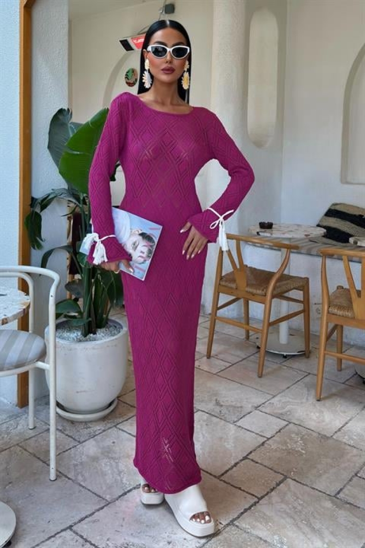 Tassel Lace Detailed V Neck Openwork Dress - Purple - Sobe Istanbul - Globality Store - Women Clothes Wholesale Turkey