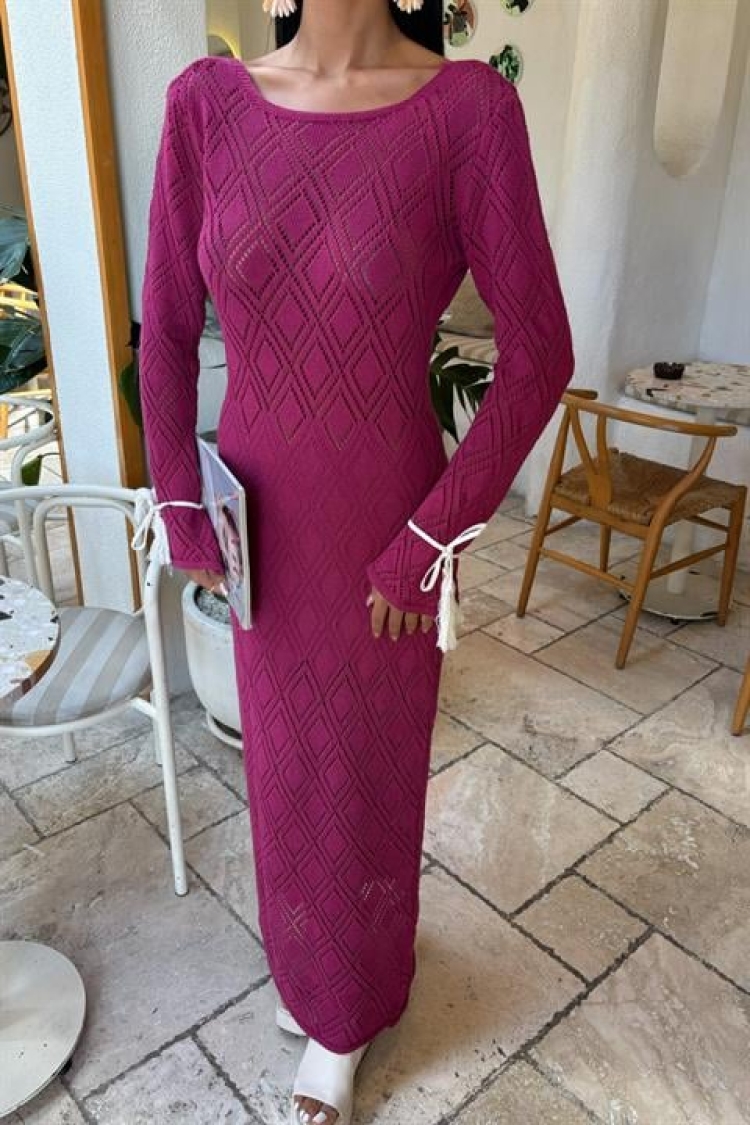 Tassel Lace Detailed V Neck Openwork Dress - Purple