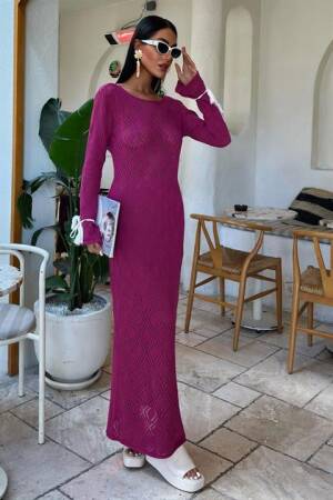 Tassel Lace Detailed V Neck Openwork Dress - Purple - Sobe Istanbul - Globality Store - Women Clothes Wholesale Turkey