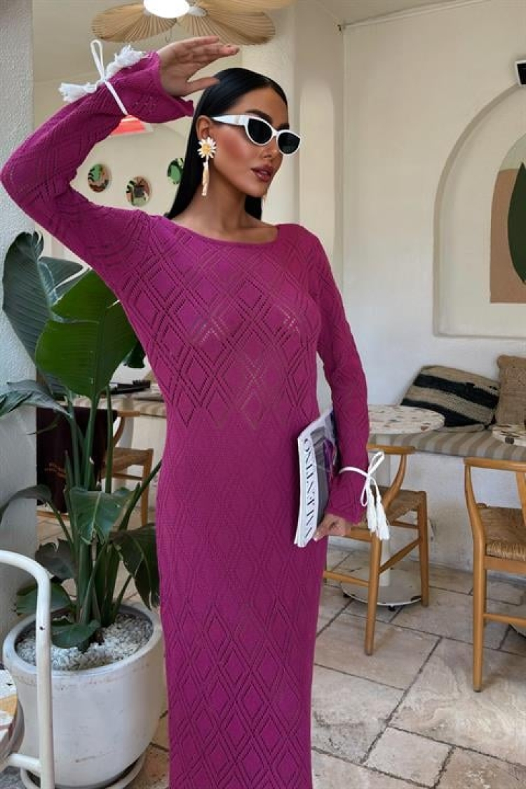 Tassel Lace Detailed V Neck Openwork Dress - Purple