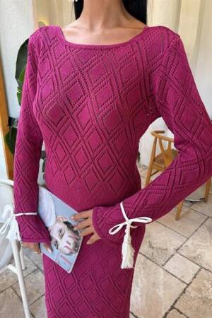 Tassel Lace Detailed V Neck Openwork Dress - Purple - Sobe Istanbul - Globality Store - Women Clothes Wholesale Turkey
