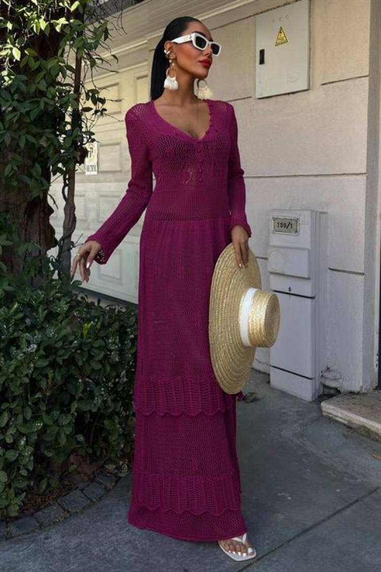 Ethnic Dress With Button Detail And Floor Skirt - Plum