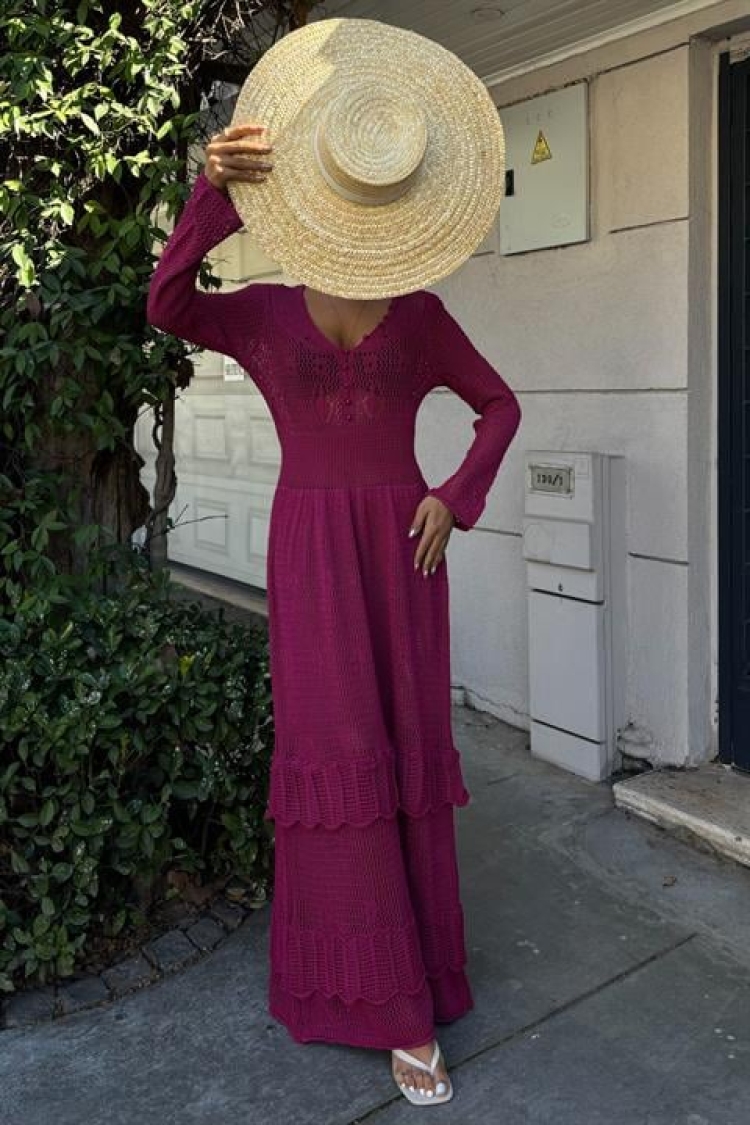 Ethnic Dress With Button Detail And Floor Skirt - Plum