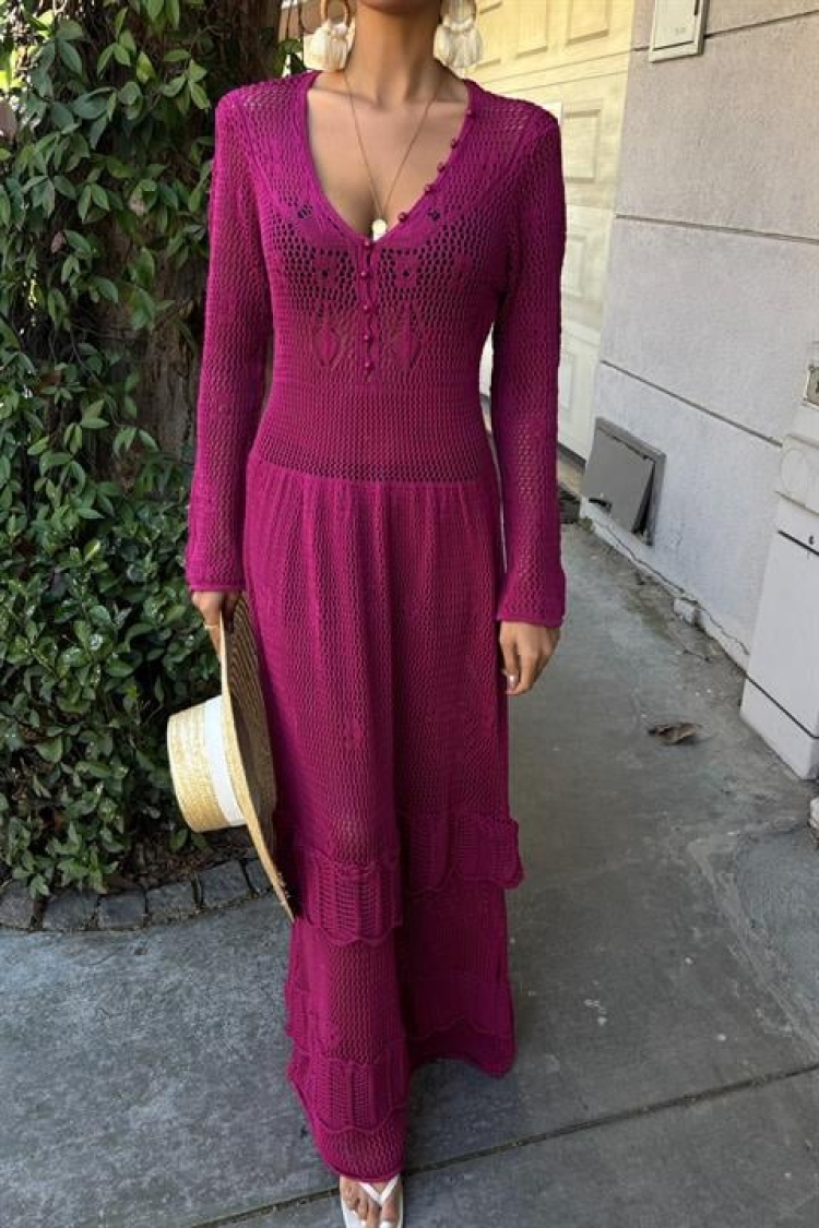 Ethnic Dress With Button Detail And Floor Skirt - Plum