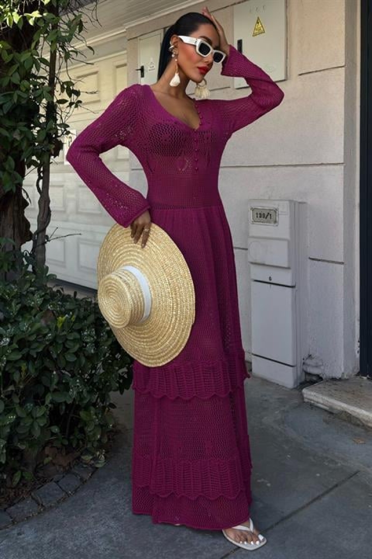 Ethnic Dress With Button Detail And Floor Skirt - Plum