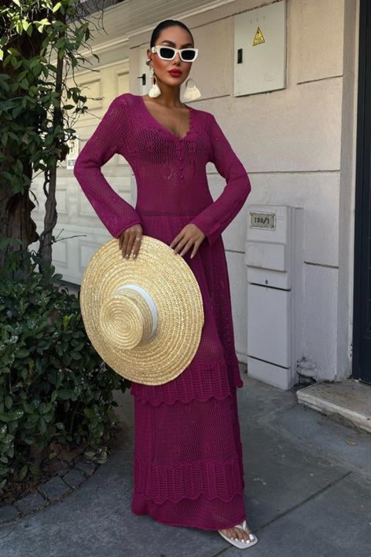 Ethnic Dress With Button Detail And Floor Skirt - Plum - Sobe Istanbul - Globality Store - Women Clothes Wholesale Turkey