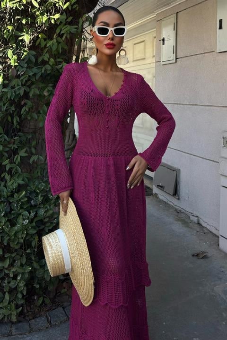 Ethnic Dress With Button Detail And Floor Skirt - Plum