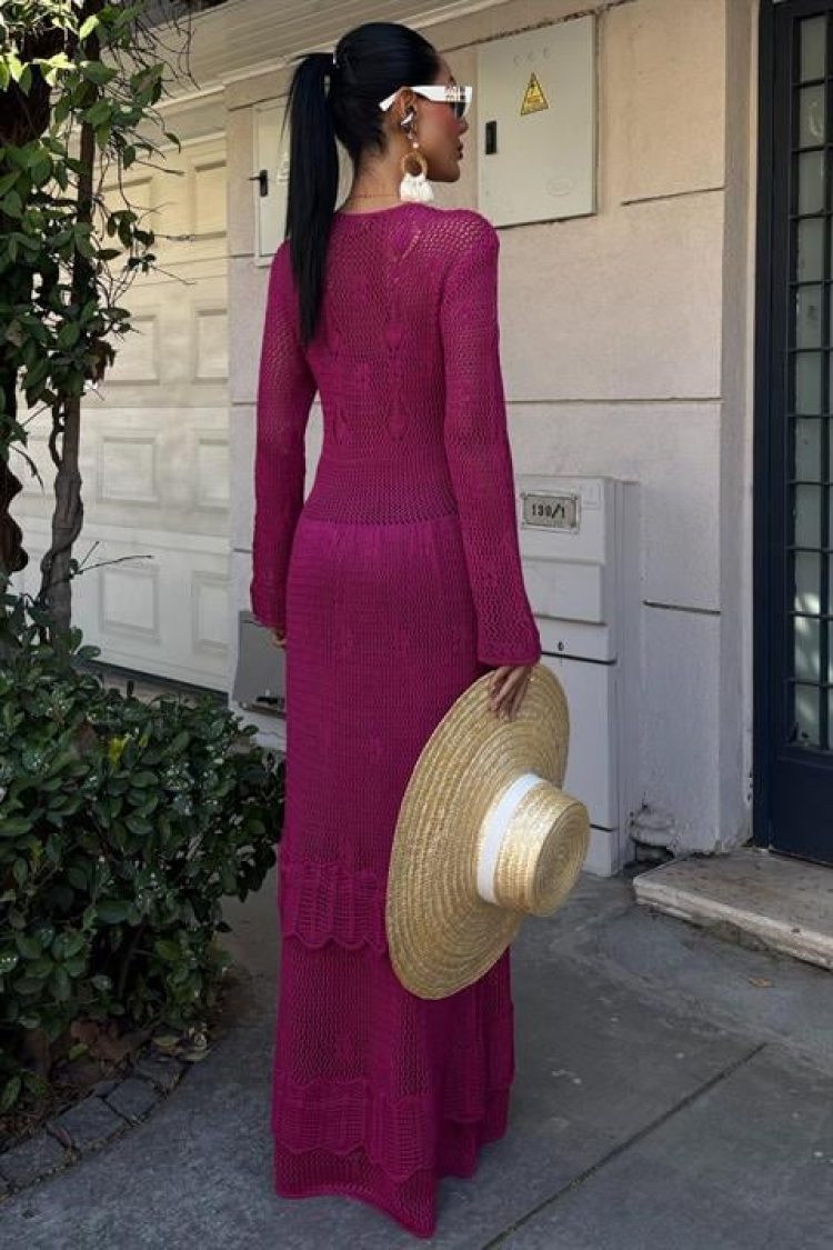 Ethnic Dress With Button Detail And Floor Skirt - Plum
