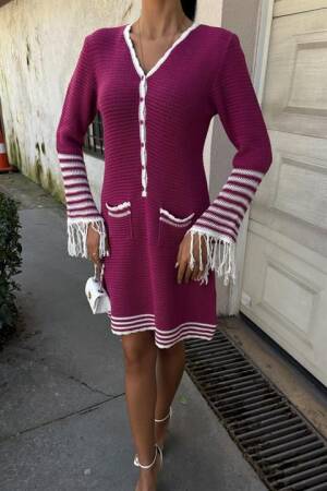 Knitwear Sleeves Tassel Button Dress - Plum - Sobe Istanbul - Globality Store - Women Clothes Wholesale Turkey