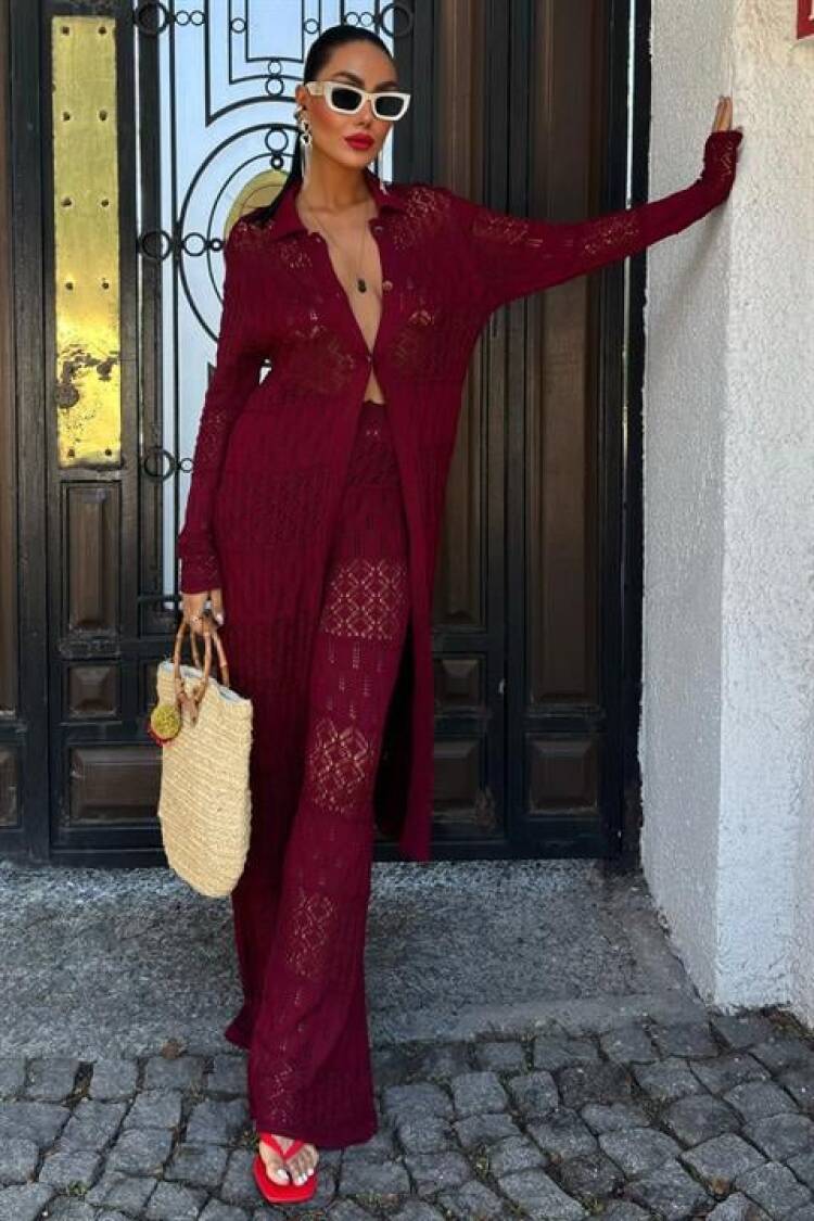 Bridget Openwork Long Cardigan Set - Burgundy