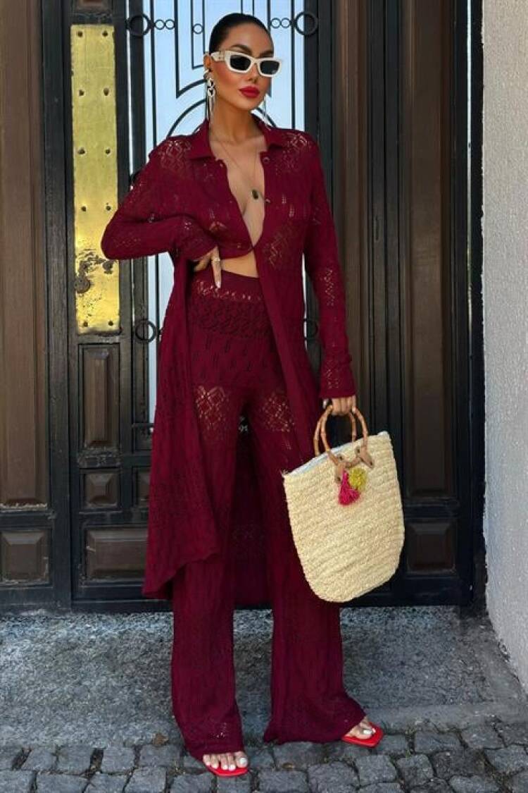 Bridget Openwork Long Cardigan Set - Burgundy - Sobe Istanbul - Globality Store - Women Clothes Wholesale Turkey