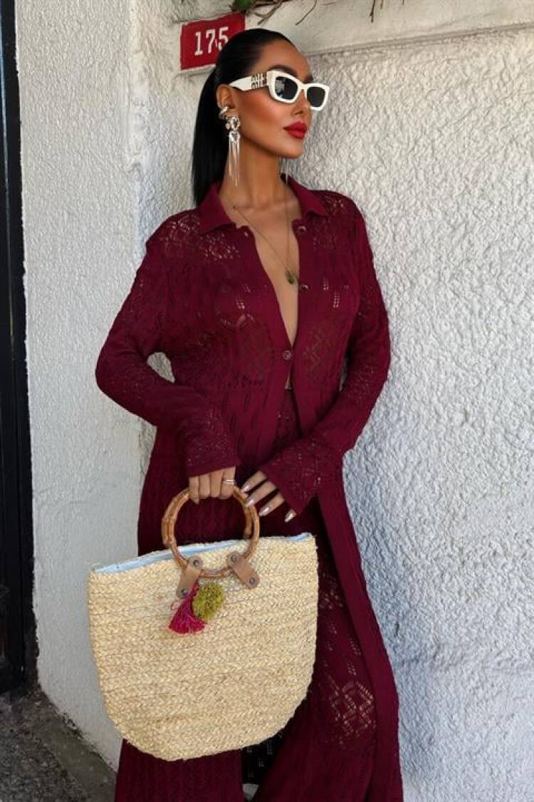 Bridget Openwork Long Cardigan Set - Burgundy