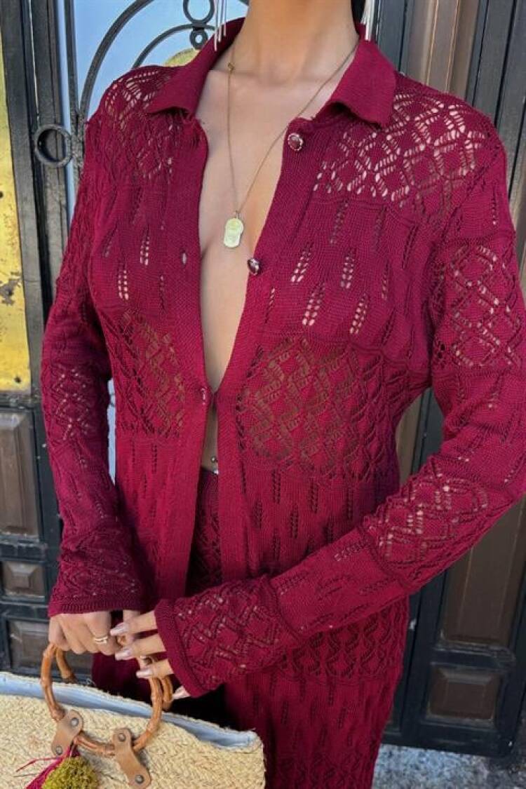 Bridget Openwork Long Cardigan Set - Burgundy