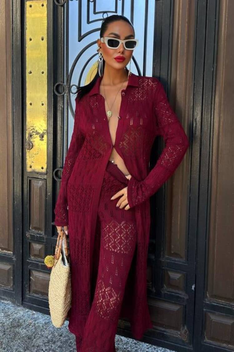 Bridget Openwork Long Cardigan Set - Burgundy