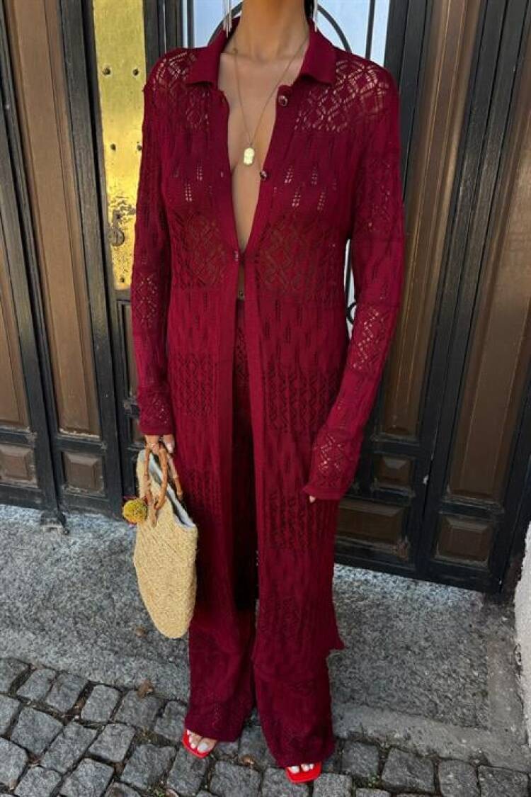 Bridget Openwork Long Cardigan Set - Burgundy