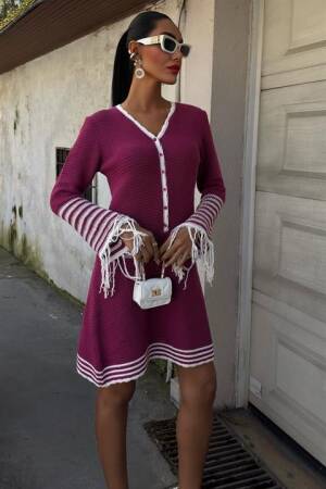 Knitwear Sleeves Tassel Button Dress - Plum - Sobe Istanbul - Globality Store - Women Clothes Wholesale Turkey
