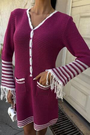 Knitwear Sleeves Tassel Button Dress - Plum - Sobe Istanbul - Globality Store - Women Clothes Wholesale Turkey