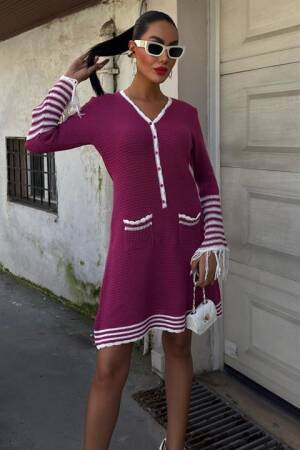 Knitwear Sleeves Tassel Button Dress - Plum - Sobe Istanbul - Globality Store - Women Clothes Wholesale Turkey
