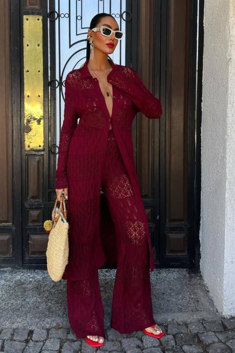 Bridget Openwork Long Cardigan Set - Burgundy