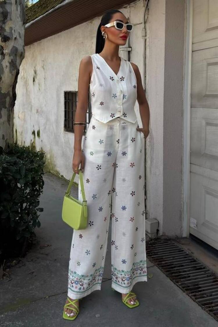 Floral Printed Leg Waterway Linen Suit - Sobe Istanbul - Globality Store - Women Clothes Wholesale Turkey