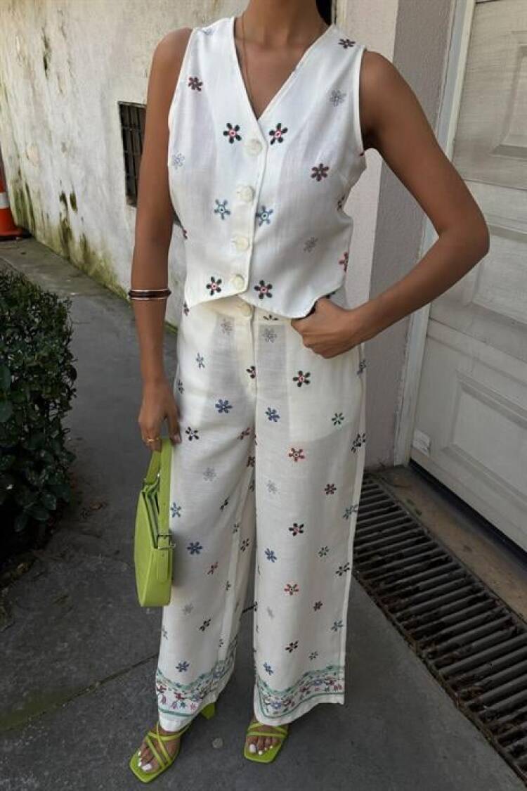 Floral Printed Leg Waterway Linen Suit